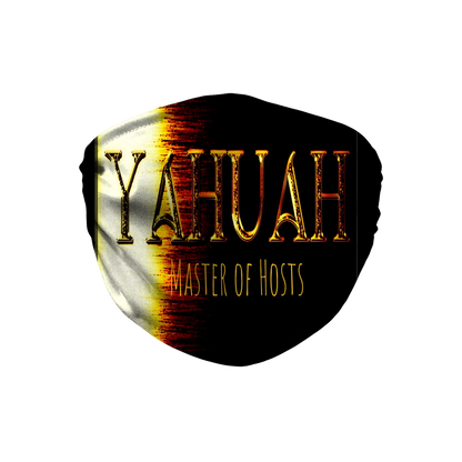 Black sublimation face mask featuring gold textured "YAHUAH Master of Hosts" typography over a high-contrast white and amber light burst effect.