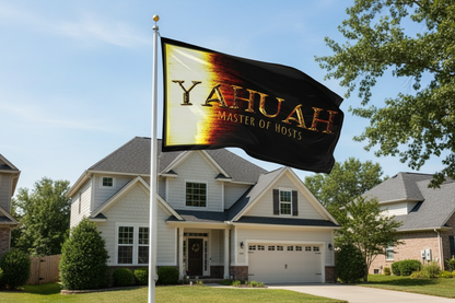 Yahuah Master of Hosts sublimation flag displaying a bold black and gold high-contrast graphic, waving on a flagpole in front of a suburban home.
