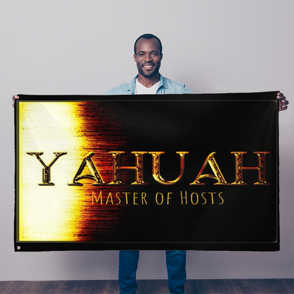 A smiling man holds up the Yahuah Master of Hosts sublimation flag, showcasing the sharp text and bright gold-to-black textured transition gradient.