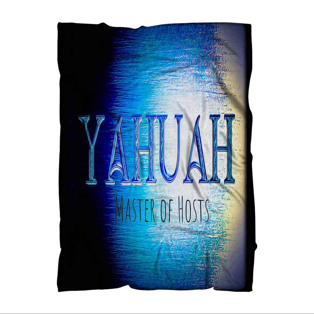 Flat view of the Yahuah Master of Hosts sublimation throw blanket featuring bold blue and gold textured text on a dark, artistic background fabric.