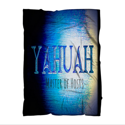 Flat view of the Yahuah Master of Hosts sublimation throw blanket featuring bold blue and gold textured text on a dark, artistic background fabric.