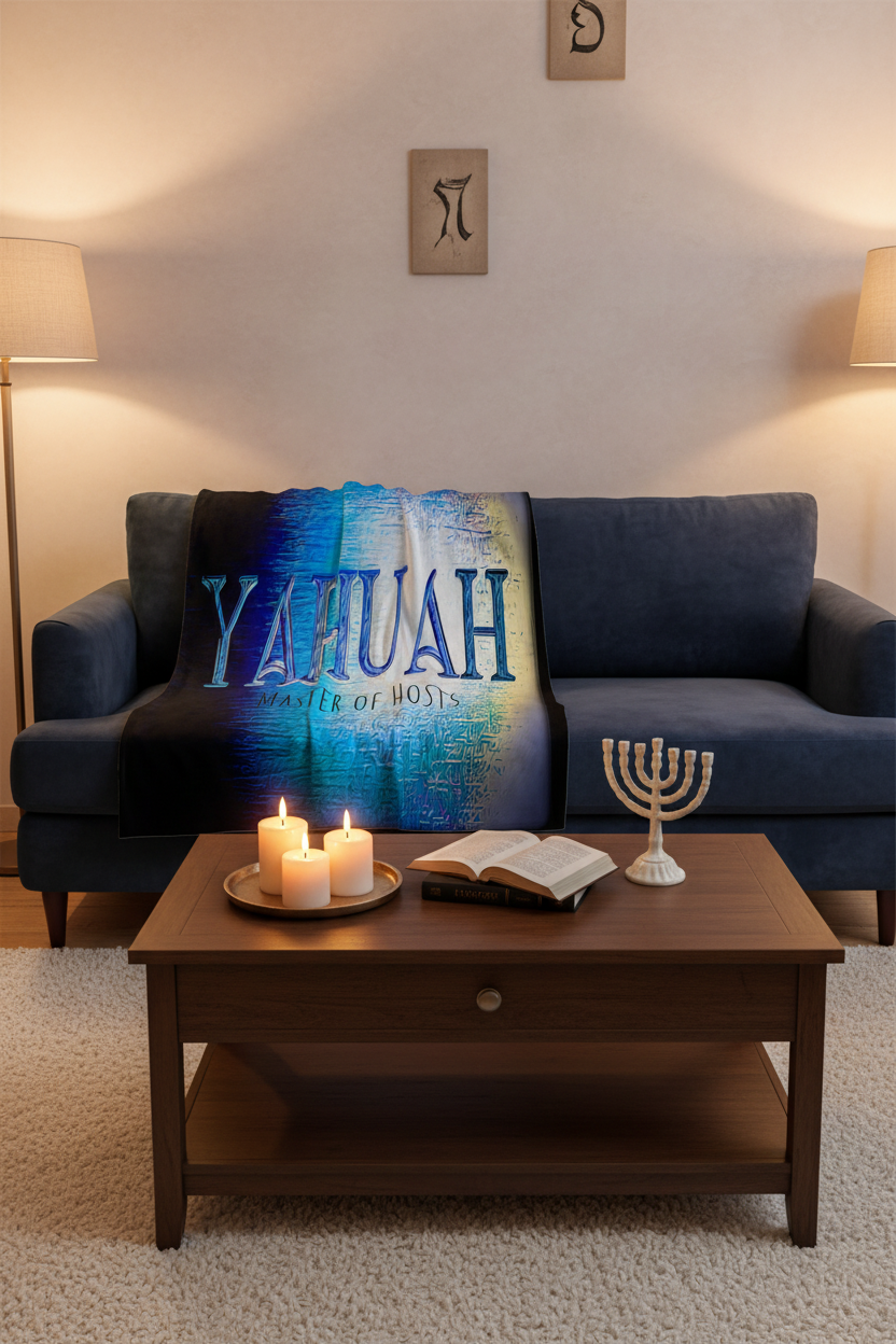 Yahuah Master of Hosts sublimation throw blanket displayed on a blue sofa in a warm living room with a menorah, candles, and an open book on a table.