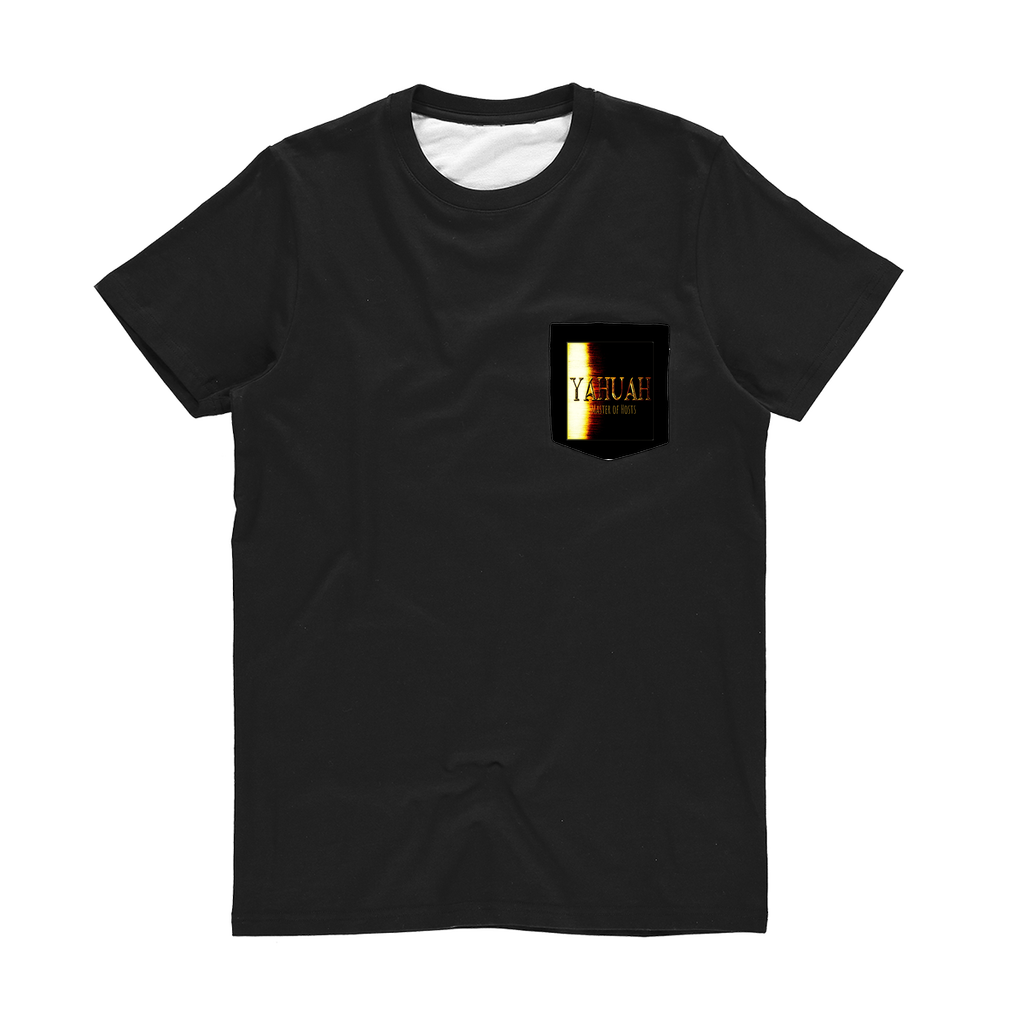 Product flat lay of the black Yahuah Master of Hosts unisex classic sublimation pocket t-shirt showing the detailed gold print on the front pocket.