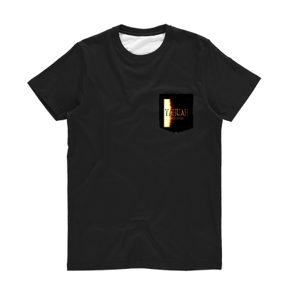 Product flat lay of the black Yahuah Master of Hosts unisex classic sublimation pocket t-shirt showing the detailed gold print on the front pocket.