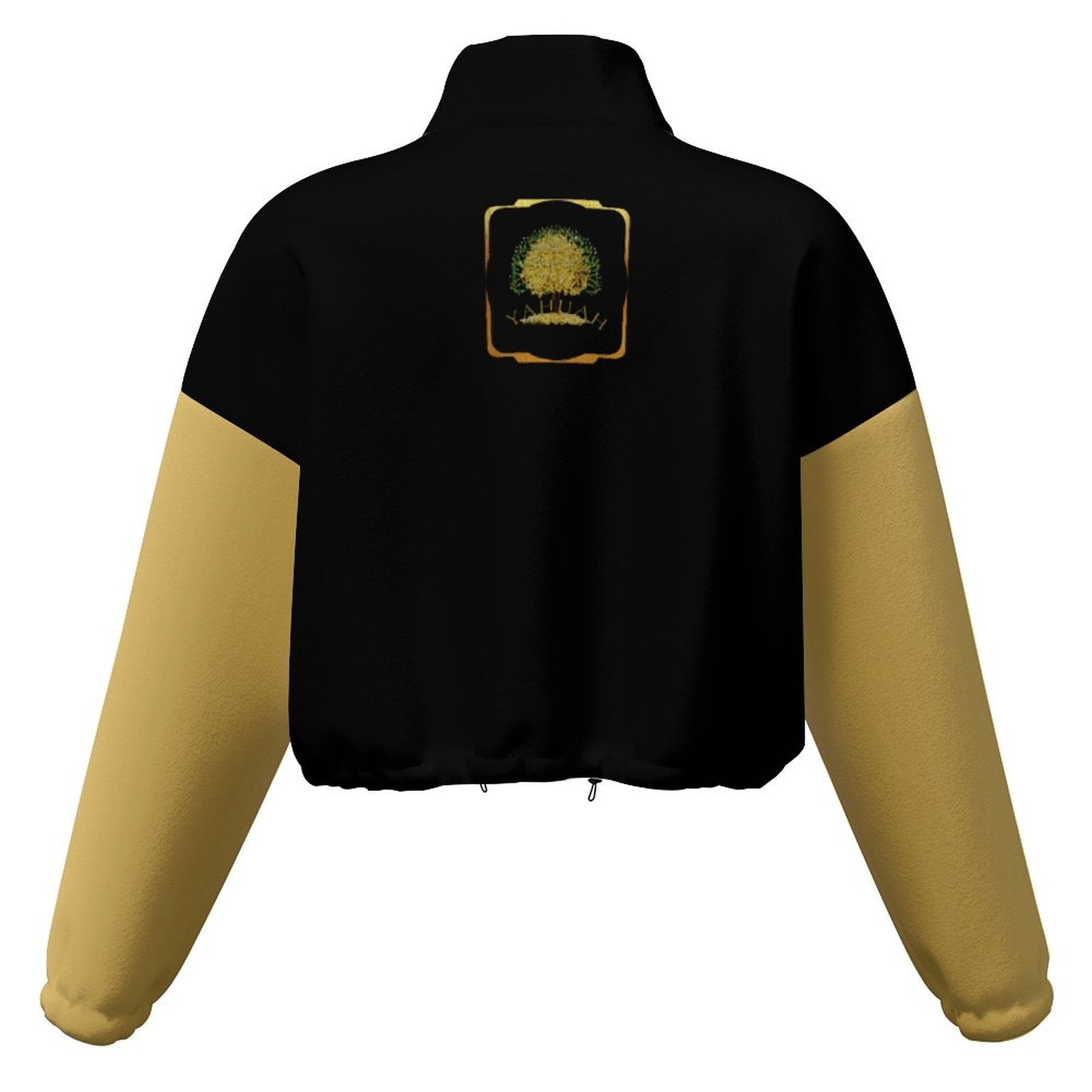 Back flat lay of a black cropped fleece bomber jacket with gold sleeves and the Yahuah: Tree of Life emblem on the  back.