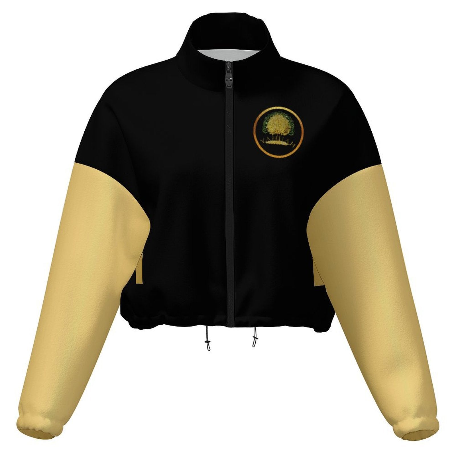 Front flat lay of a black cropped fleece bomber jacket with gold sleeves and the Yahuah: Tree of Life emblem on the chest.