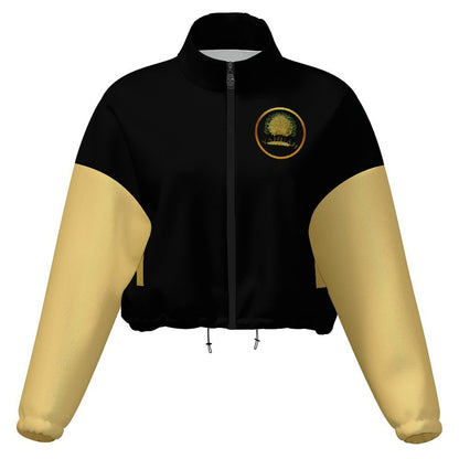 Front flat lay of a black cropped fleece bomber jacket with gold sleeves and the Yahuah: Tree of Life emblem on the chest.