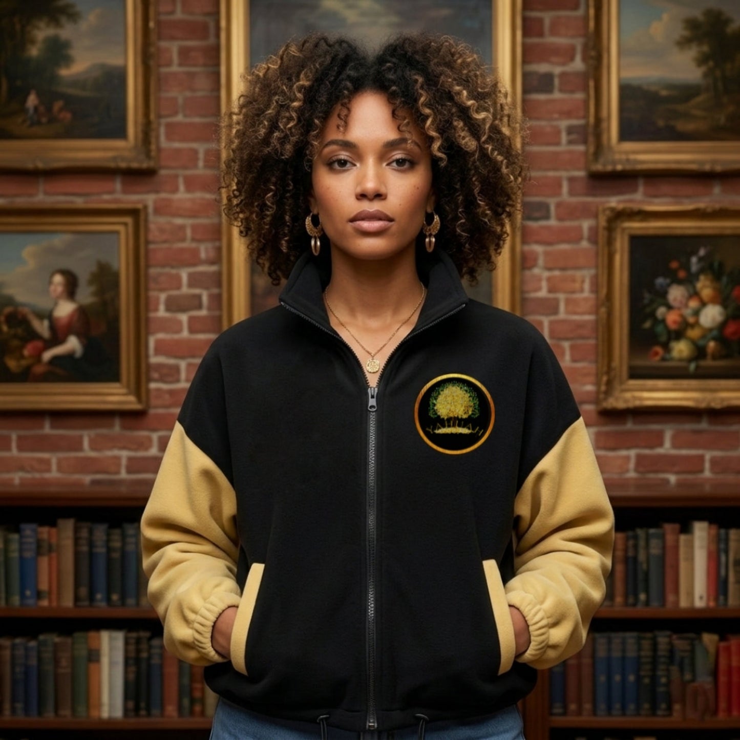 Front view of a woman in a library wearing a black and gold Yahuah: Tree of Life cropped fleece bomber with a golden tree emblem.