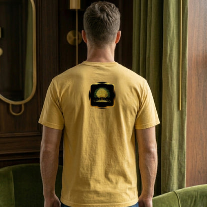 Back view of a man wearing a golden rod Yahuah: Tree of Life t-shirt with a small gold emblem on the upper back.