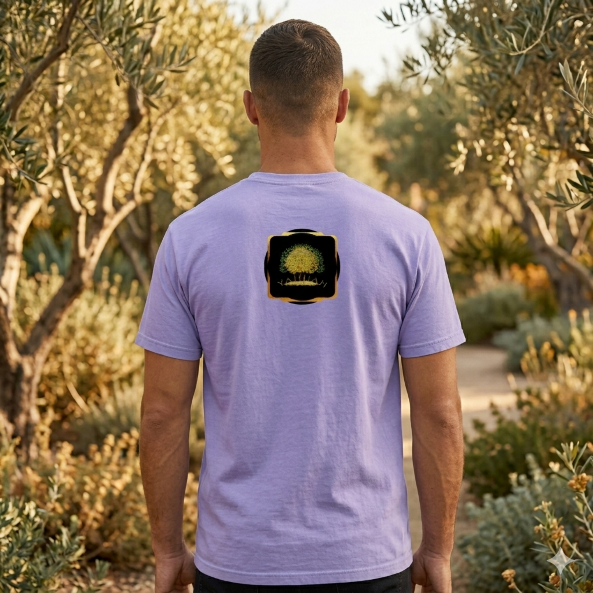 Back view of a man in an olive grove wearing a violet Yahuah: Tree of Life t-shirt with a golden tree emblem on the chest and upper back.