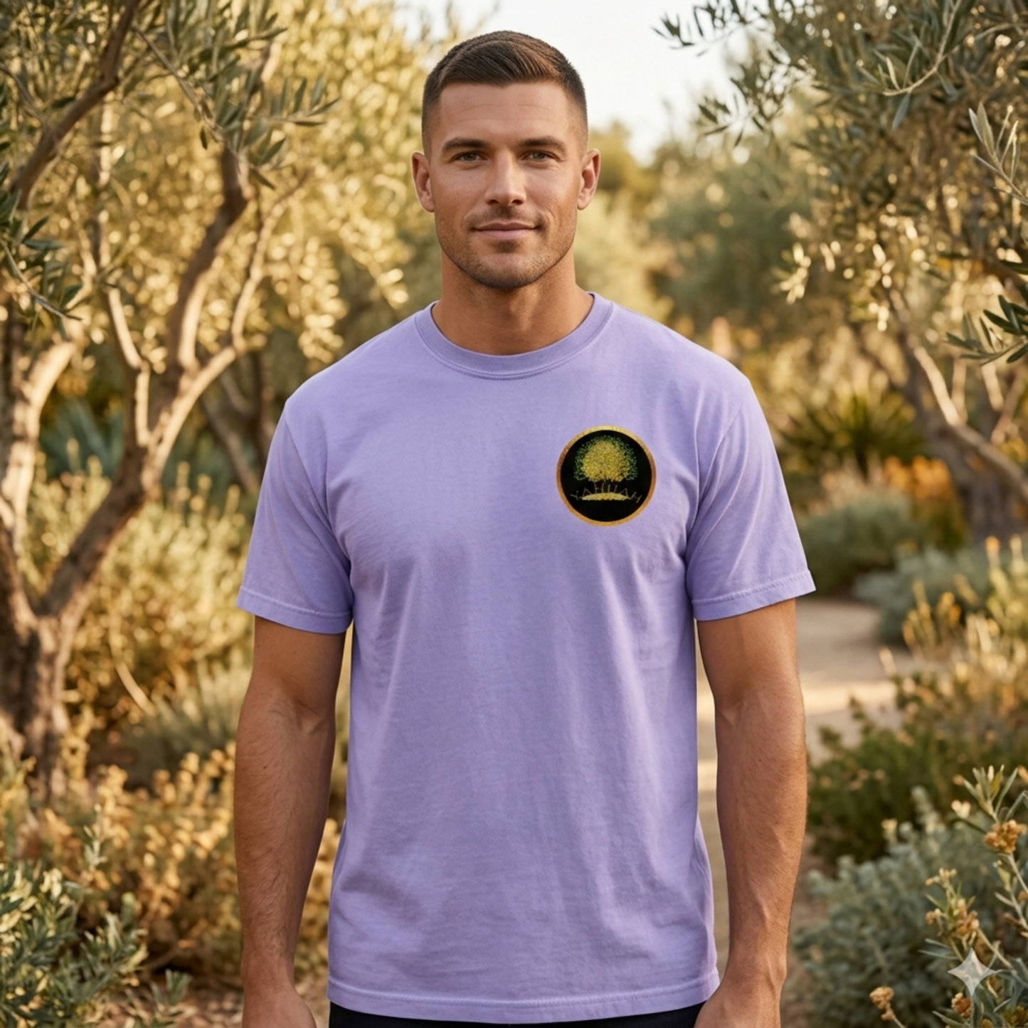 Front view of a man in an olive grove wearing a violet Yahuah: Tree of Life t-shirt with a golden tree emblem on the chest and upper back.