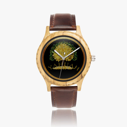 Top and side views of the Yahuah: Tree of Life 03 olive lumber wooden watch with a brown leather strap and gold-tone accents.