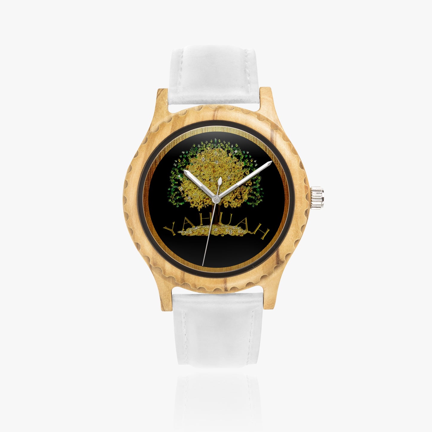 Top and side views of the Yahuah: Tree of Life 03 olive lumber wooden watch with a white leather strap and gold-tone accents.