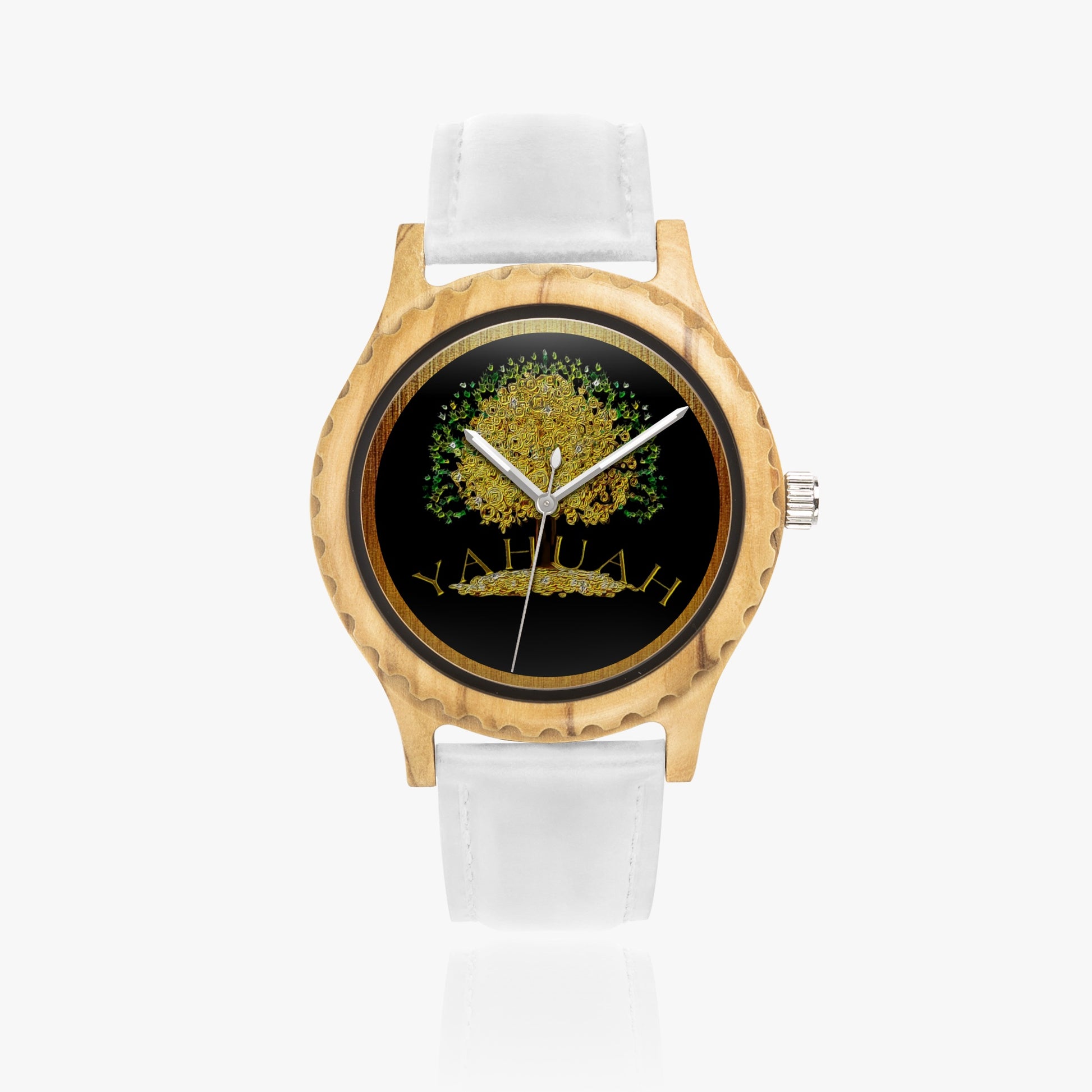 Top and side views of the Yahuah: Tree of Life 03 olive lumber wooden watch with a white leather strap and gold-tone accents.