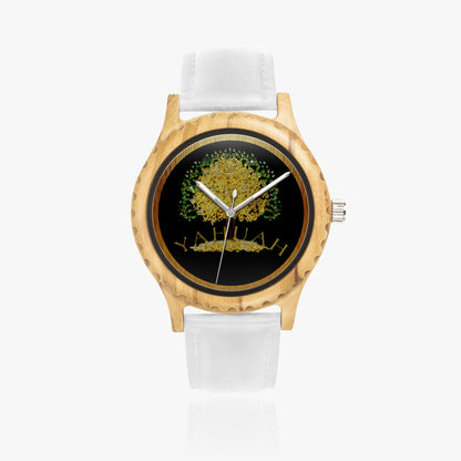 Top and side views of the Yahuah: Tree of Life 03 olive lumber wooden watch with a white leather strap and gold-tone accents.
