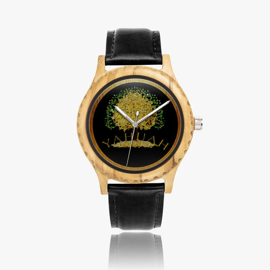 Top and side views of the Yahuah: Tree of Life 03 olive lumber wooden watch with a black leather strap and gold-tone accents.