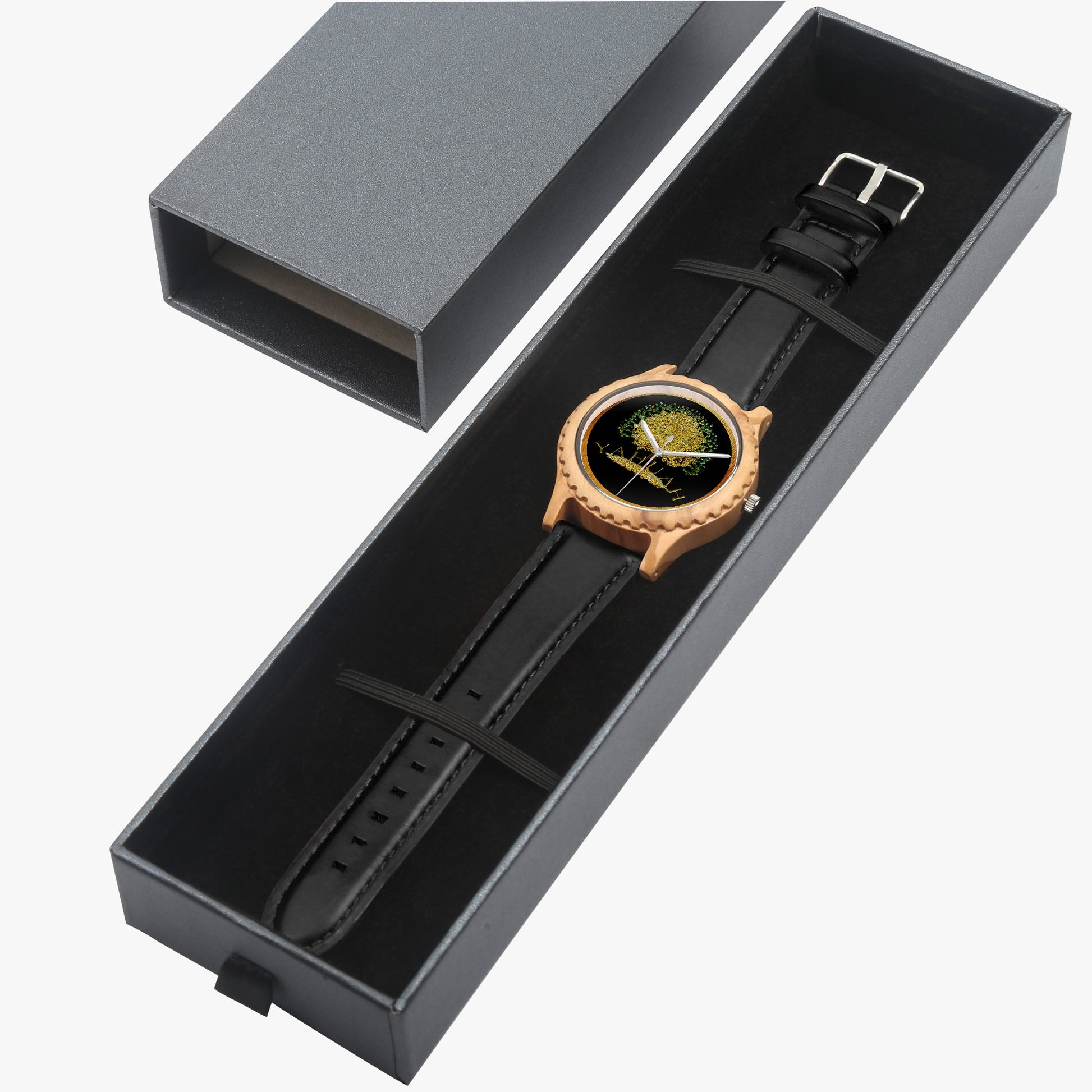 Yahuah: Tree of Life olive lumber wooden watch with black leather strap, presented in a sleek charcoal grey gift box.
