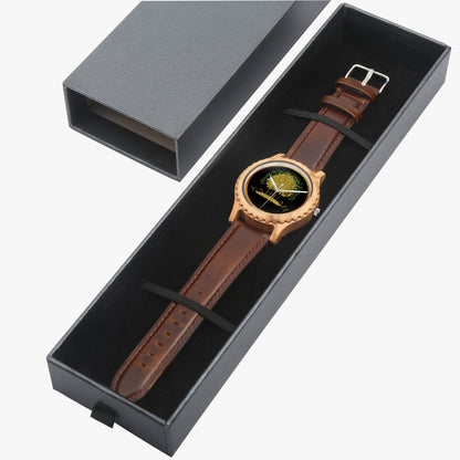 Yahuah: Tree of Life olive lumber wooden watch with white brown strap, presented in a sleek charcoal grey gift box.