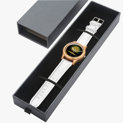 Yahuah: Tree of Life olive lumber wooden watch with white leather strap, presented in a sleek charcoal grey gift box.