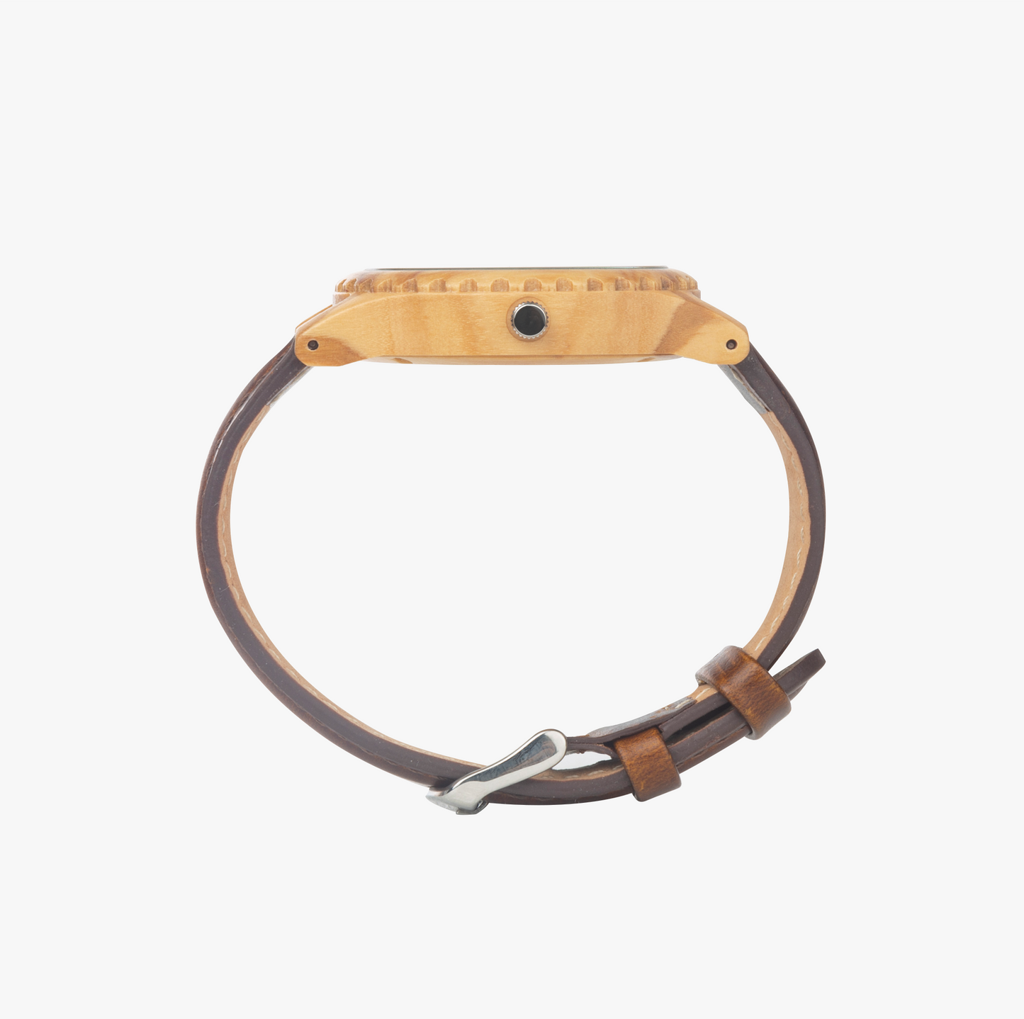 Side profile view of the Yahuah: Tree of Life olive lumber wooden watch with a genuine brown leather strap and silver-tone hardware.