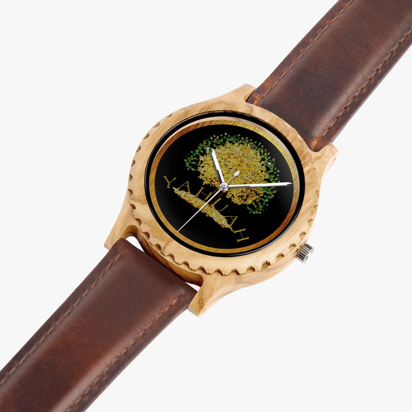 View of the Yahuah: Tree of Life olive lumber wooden watch featuring a gold tree dial and brown leather strap option.