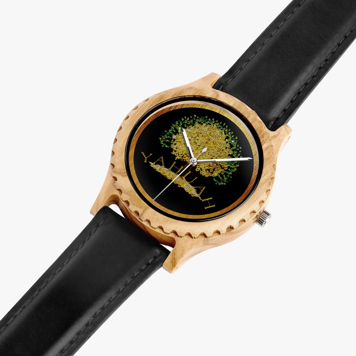 View of the Yahuah: Tree of Life olive lumber wooden watch featuring a gold tree dial and black leather strap option.