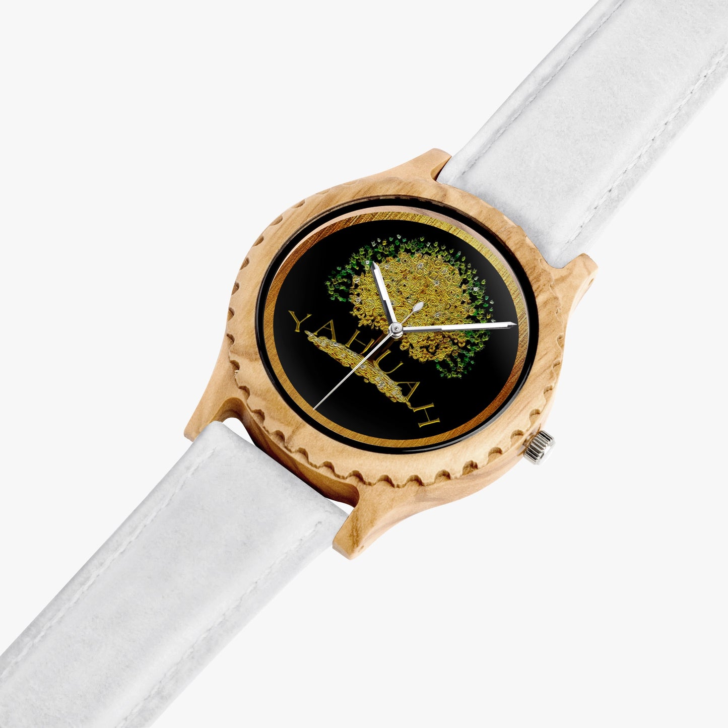 View of the Yahuah: Tree of Life olive lumber wooden watch featuring a gold tree dial and white leather strap option.