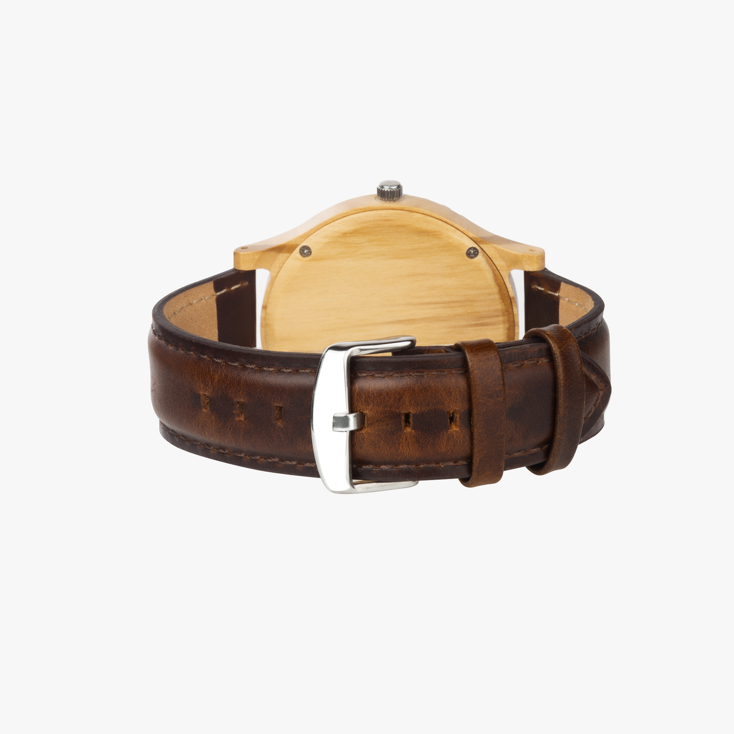 Buckle view of the Yahuah: Tree of Life olive lumber wooden watch with a genuine brown leather strap and silver-tone hardware.