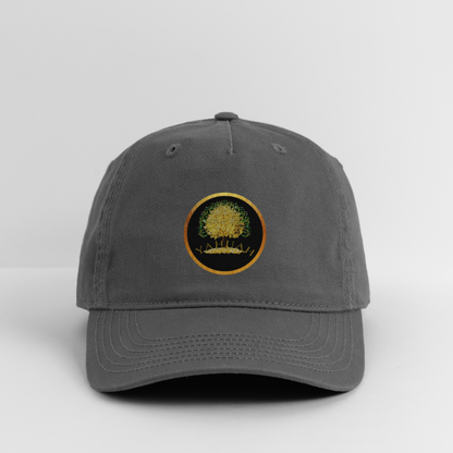 Front view of a charcoal grey organic cotton dad cap featuring the Yahuah Tree of Life (03) archival graphic.