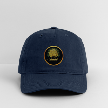 Front view of a navy blue organic dad cap showcasing the Yahuah Tree of Life (03) emblem centered on the front.