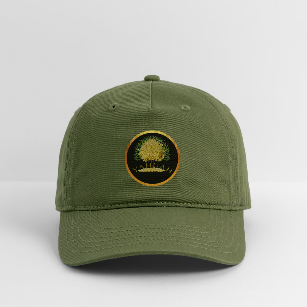 Front view of an olive green organic dad cap with the Yahuah Tree of Life (03) circular logo.