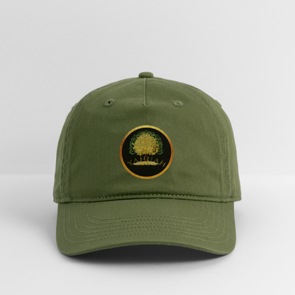 Front view of an olive green organic dad cap with the Yahuah Tree of Life (03) circular logo.