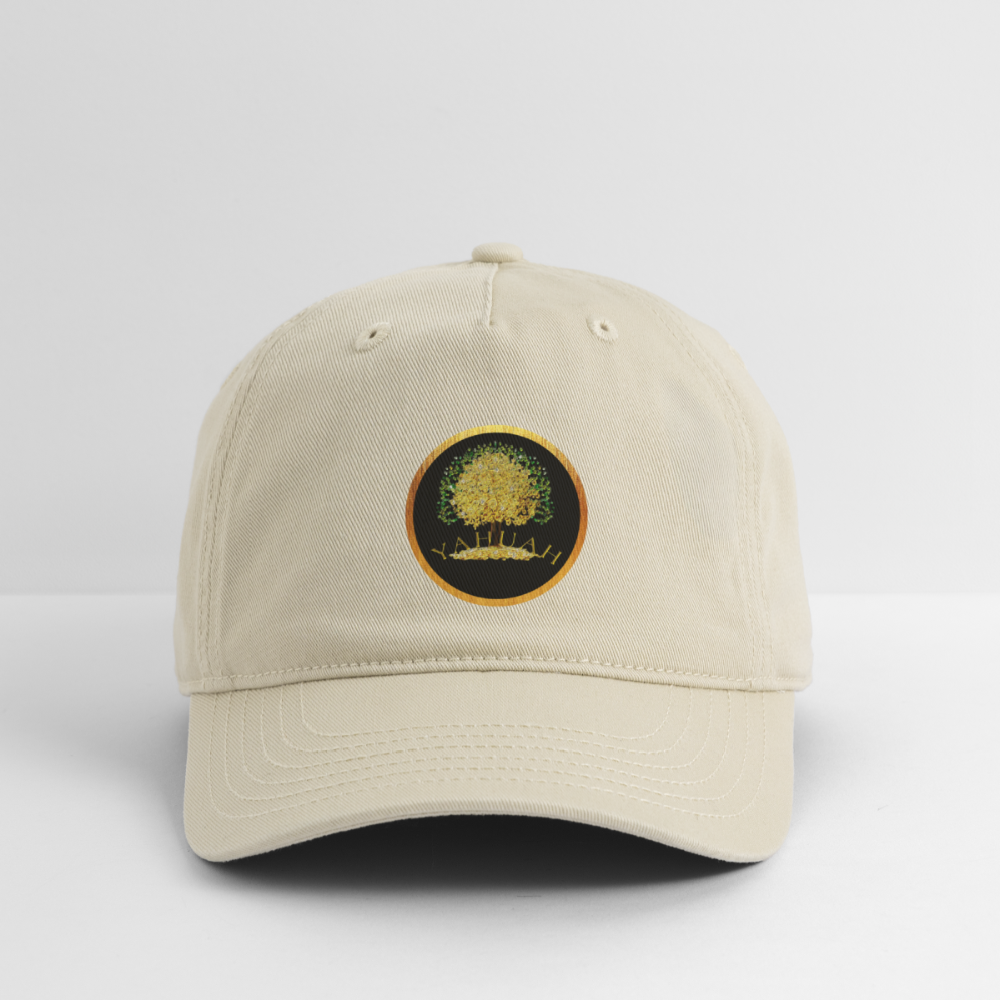 Front view of an oyster-colored organic dad cap with the Yahuah Tree of Life (03) symbolic emblem on the front.