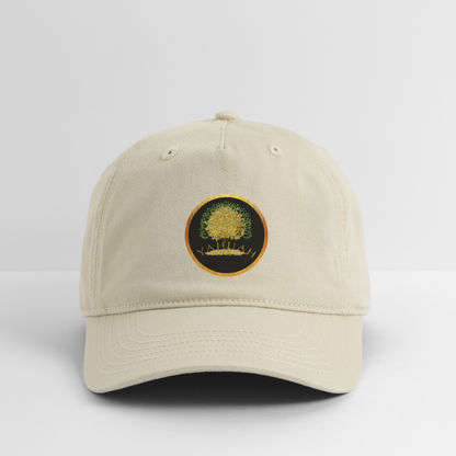 Front view of an oyster-colored organic dad cap with the Yahuah Tree of Life (03) symbolic emblem on the front.