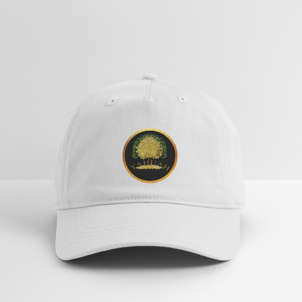 Front view of a white organic cotton dad cap featuring the gold-toned Yahuah Tree of Life (03) design.
