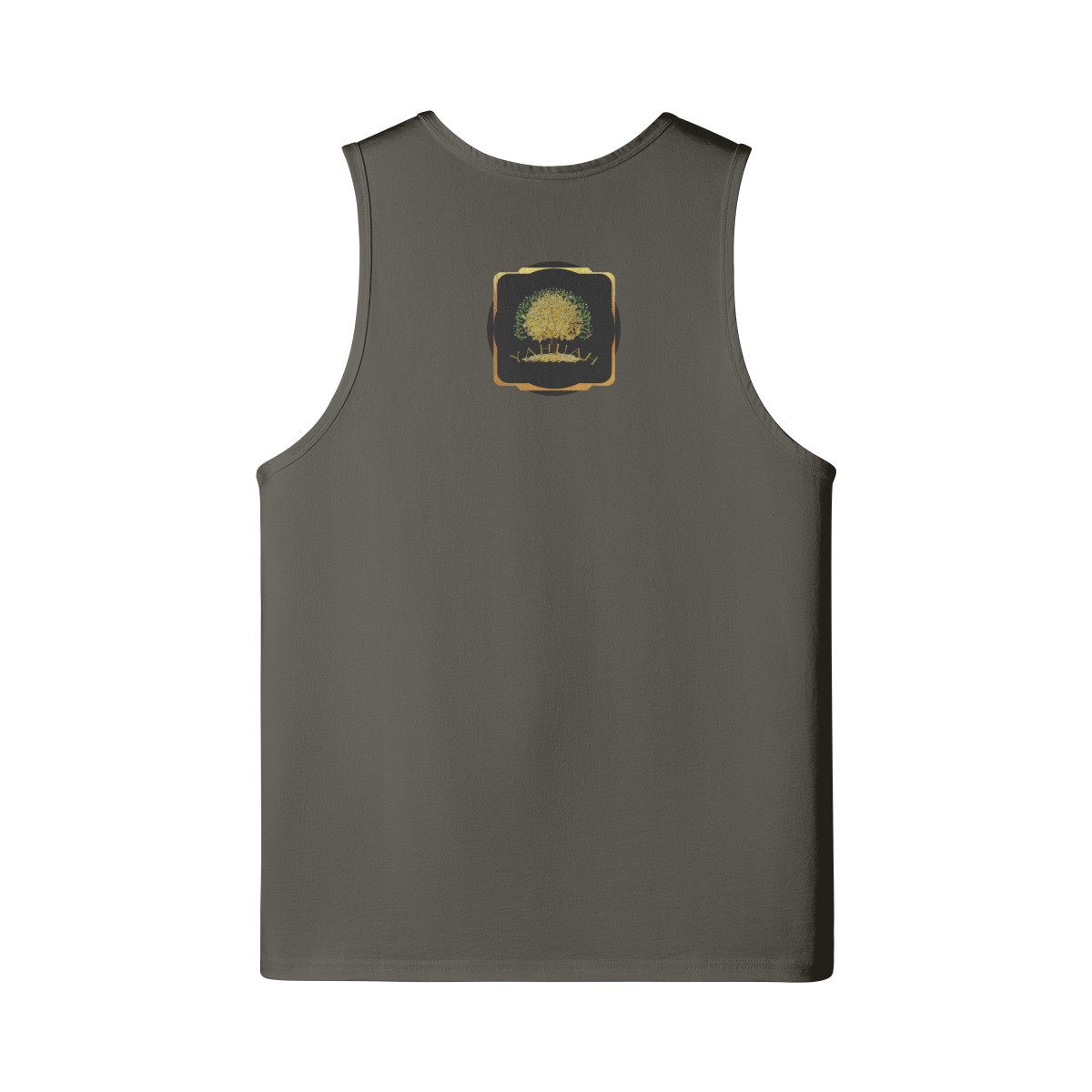 Back of an asphalt grey longline tank top with a centered Yahuah Tree of Life (03) graphic in a black and gold frame.