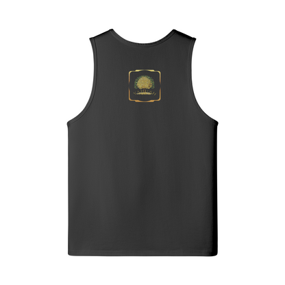 Back view of a black longline tank top with a framed Yahuah Tree of Life (03) symbolic design between the shoulders.