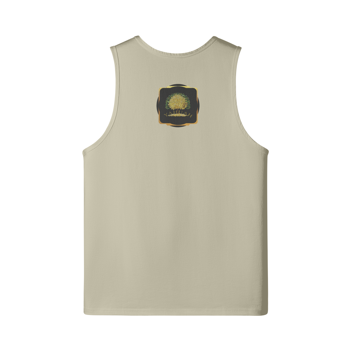 Flat lay back view of a sand-colored longline tank top showcasing the framed Yahuah Tree of Life (03) graphic.