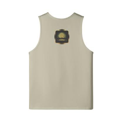 Flat lay back view of a sand-colored longline tank top showcasing the framed Yahuah Tree of Life (03) graphic.