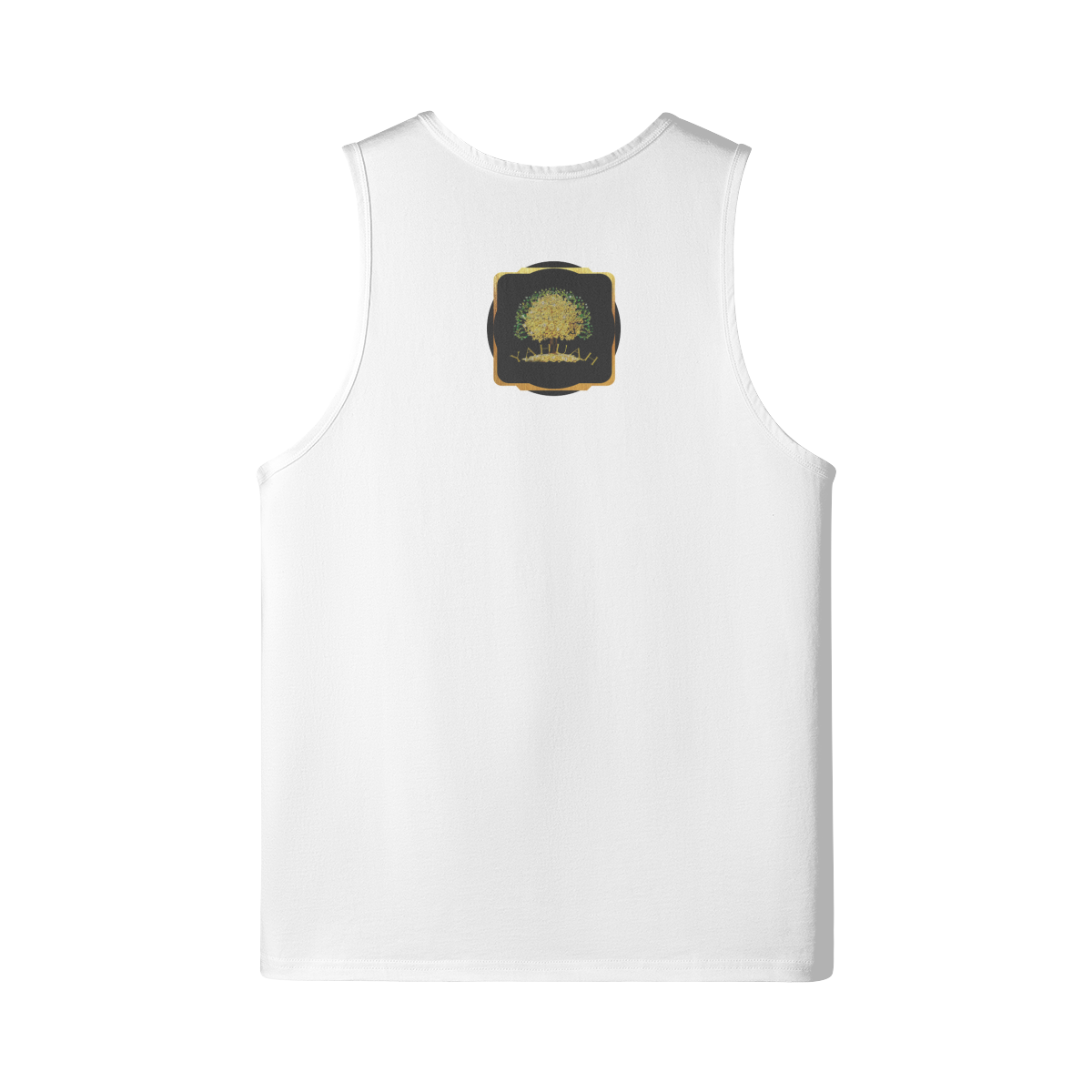 Flat lay back view of a white longline tank top featuring the centered Yahuah Tree of Life (03) archival design.