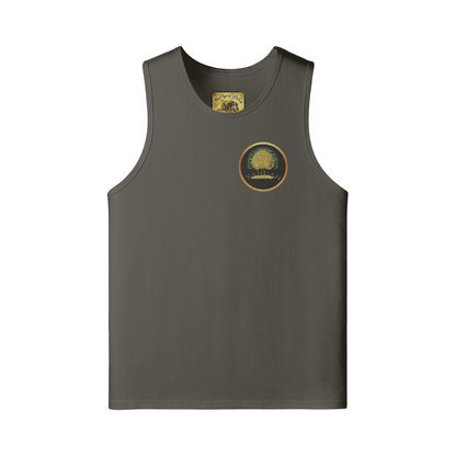 Front of an asphalt grey longline tank top with a small circular Yahuah Tree of Life (03) logo on the left chest.