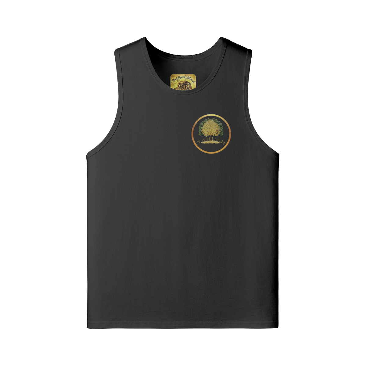 Front view of a black unisex longline tank top featuring the gold and green Yahuah Tree of Life (03) chest logo.