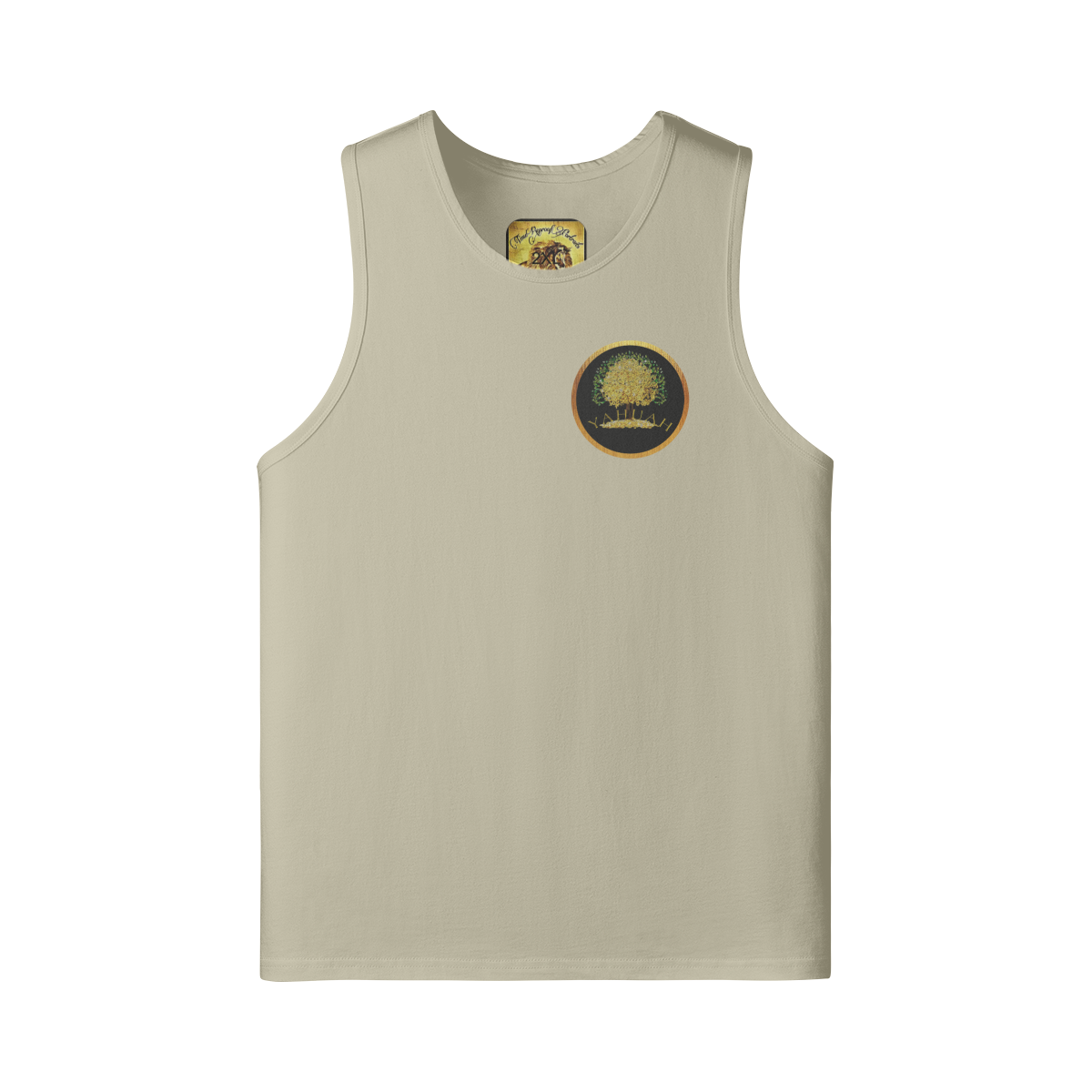 Flat lay front view of a sand-colored longline tank top with the Yahuah Tree of Life (03) emblem on the left chest.