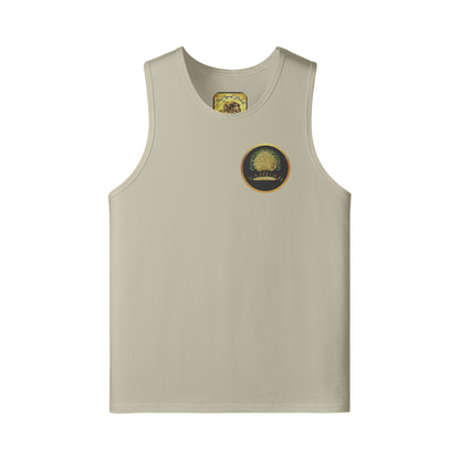 Flat lay front view of a sand-colored longline tank top with the Yahuah Tree of Life (03) emblem on the left chest.