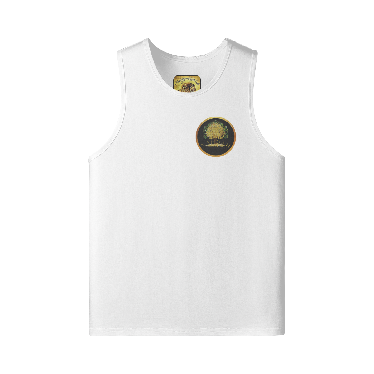 Flat lay front view of a white longline cotton tank top with the Yahuah Tree of Life (03) circular logo.