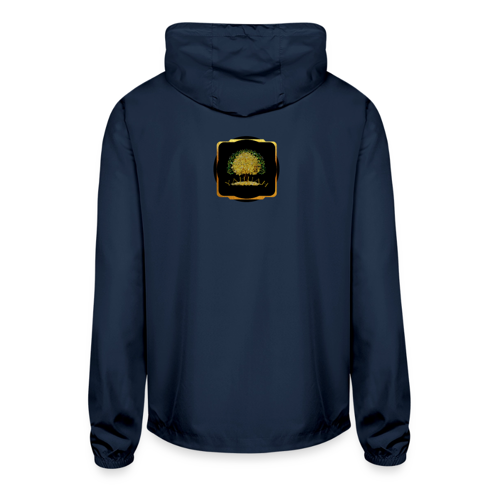 Back view of a unisex lightweight navy blue windbreaker featuring a gold "Yahuah Tree of Life" circular emblem on the chest.