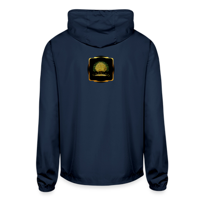 Back view of a unisex lightweight navy blue windbreaker featuring a gold "Yahuah Tree of Life" circular emblem on the chest.