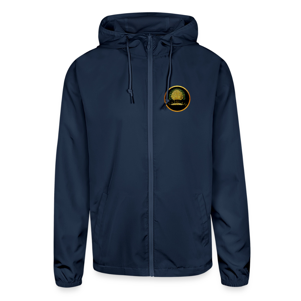 Front view of a unisex lightweight navy blue windbreaker featuring a gold "Yahuah Tree of Life" circular emblem on the chest.