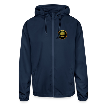 Front view of a unisex lightweight navy blue windbreaker featuring a gold "Yahuah Tree of Life" circular emblem on the chest.