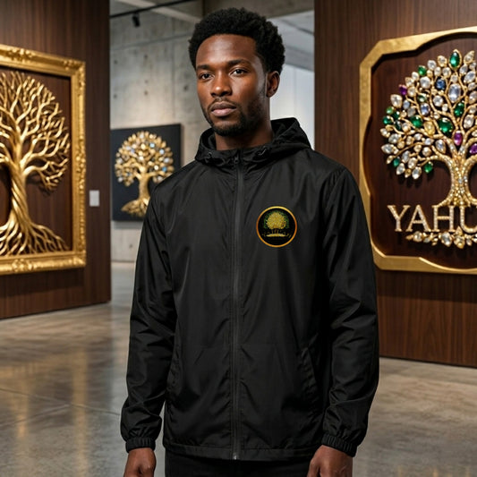 Front view of a unisex lightweight black windbreaker featuring a gold "Yahuah Tree of Life" circular emblem on the chest.